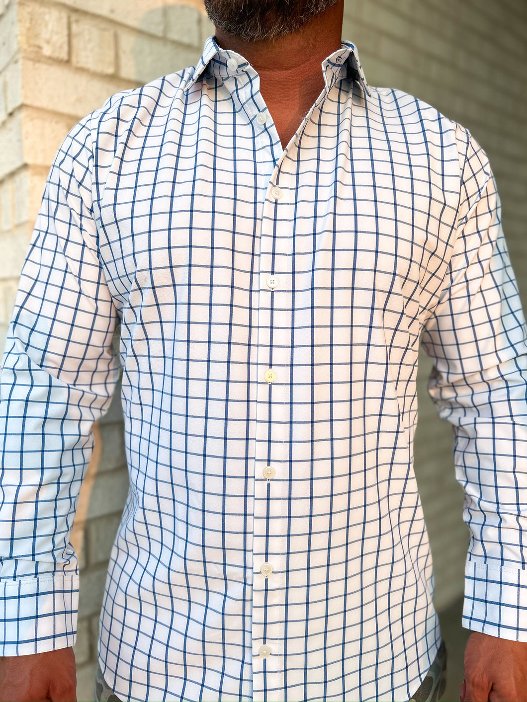 Leeward LS Dress Shirt White Navy Windowpane Trim