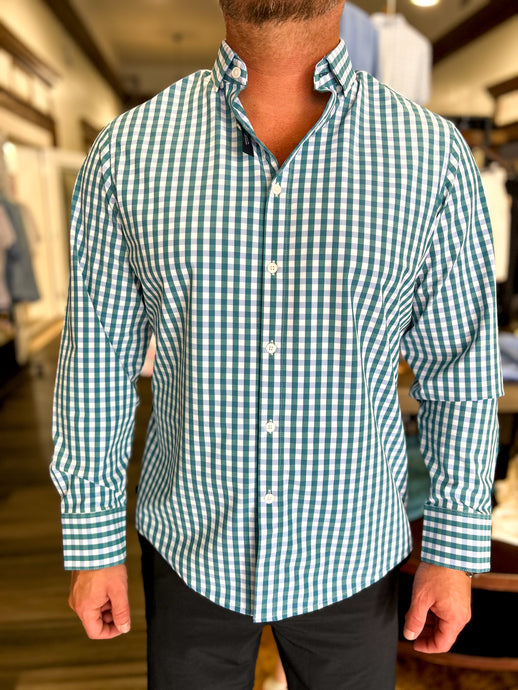 Leeward No Tuck LS Dress Shirt - Teal Madison Check - TRIM