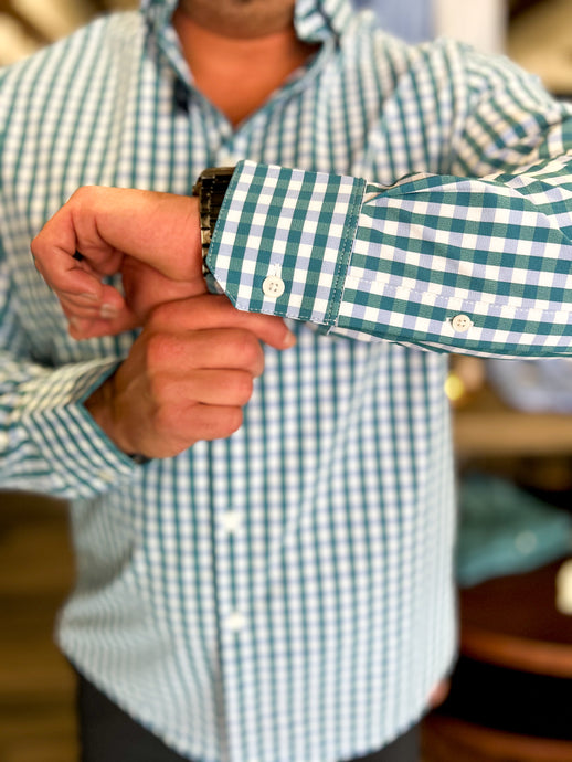 Leeward No Tuck LS Dress Shirt - Teal Madison Check - CLASSIC