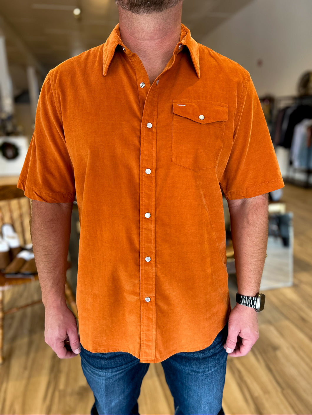 Short Sleeve Corduroy Pearl Snap - Burnt Orange