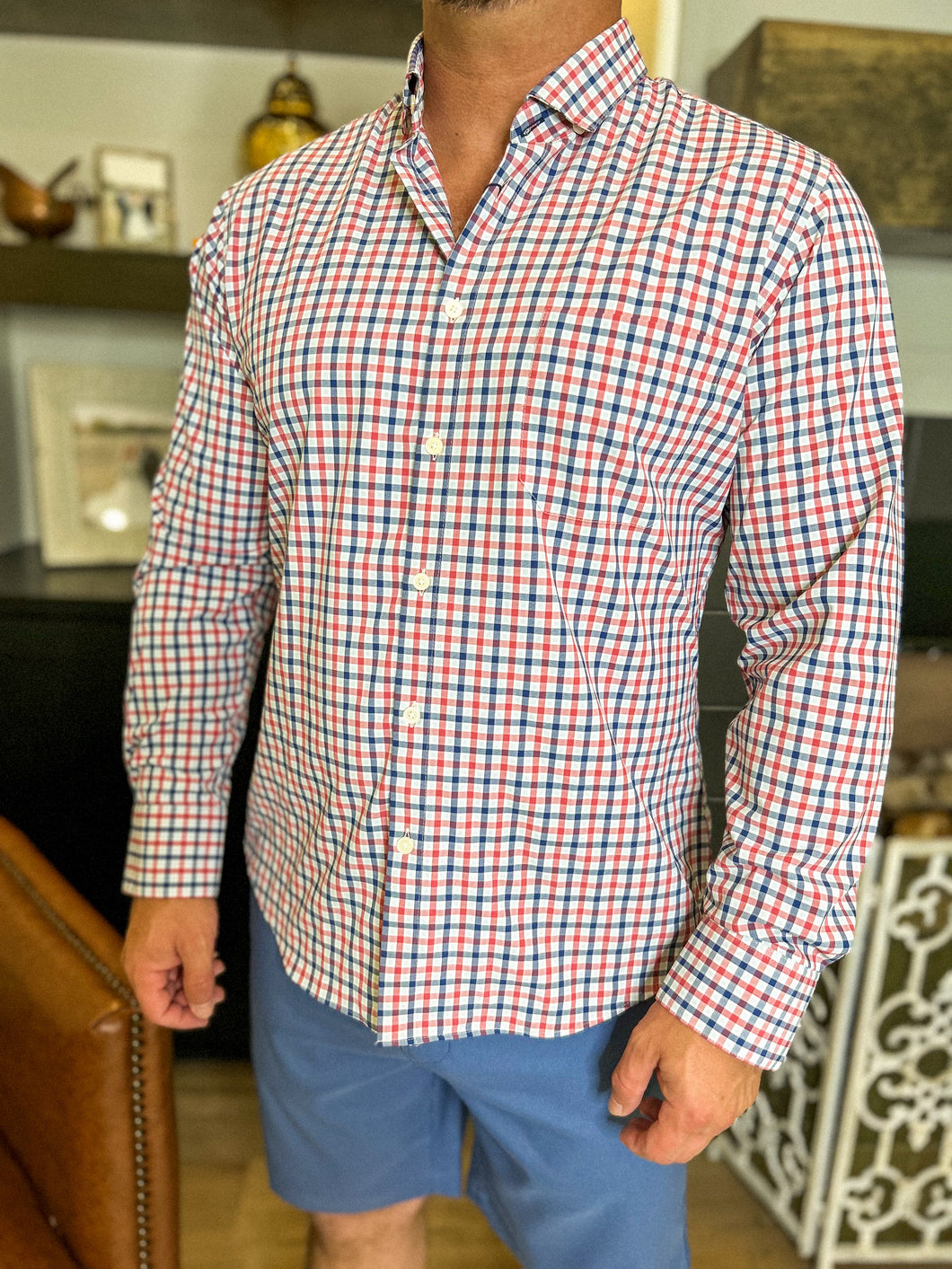 Leeward LS Dress Trim Shirt - Red Blue Multi Check