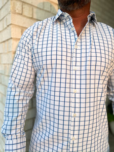 Leeward LS Dress Shirt White Navy Windowpane Trim